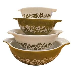 Vintage Pyrex Spring Blossom Green Cinderella Mixing Bowl Set‎ of 4 Crazy Daisy